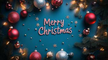 collection of holiday ornaments, fairy lights, and a Merry Christmas greeting card, shiny, colourful, playful composition for product photography. ample space at one end of the frame suitable for text photo