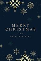 A Happy New Year banner with gold snow flakes on dark blue background. Luxury snow flakes frame for Christmas and New Year with small snow flakes, design vector