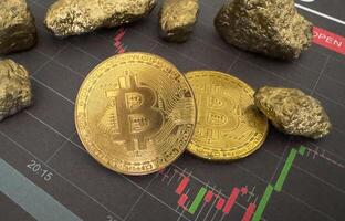 Investment sources on stock markets and financial concept. Front view on a silver bitcoin, crypto currency and a real raw gold piece. Objects reflection on black background with copy space. photo