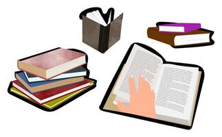 A series of illustrations themed on books and interactions with books, suitable for educational, literary and creative projects. Ideal for use in posters, social media, advertising. vector