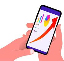 hand holding a cellphone to check current market developments or business developments. including a white background vector
