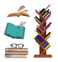 A series of book-themed illustrations featuring various arrangements of books, quills, glasses on top of books, suitable for educational, literary and creative projects. Isolated on white background vector