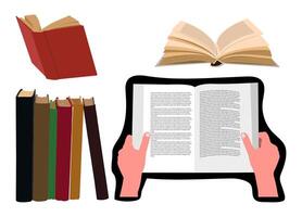 modern and ancient book illustrations, interaction with books, Ideal for use in posters, social media, advertising, or website content related to education, literature, or personal development vector
