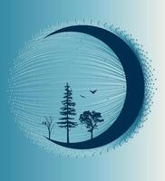 Drawing of moon silhouette with trees and birds on mint background vector