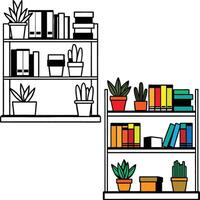 a black and white drawing of a bookcase with books on it vector