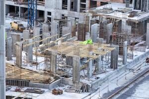 Construction workers working on Construction machine. Aerial platform for workers who work at height on buildings. photo