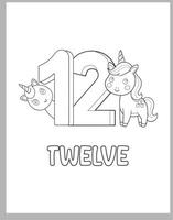 12 Numbers With baby Unicorns Coloring page vector