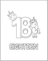 18 Numbers With Unicorns Coloring page vector