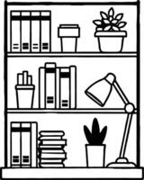 a drawing of a bookcase with a plant on it vector