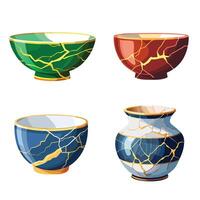 Wabi Sabi philosophy, showing the art of kintsugi mending broken objects with gold to celebrate imperfection, impermanence, and beauty in flaws. vector