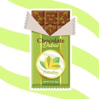 Sweet Dubai chocolate with pistachio and kataifi dough in milk chocolate. Bar of chocolate with pistachio paste filling vector