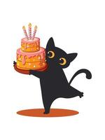 A cartoon black cat holds a colorful cake with candles in its paws on a white background. vector