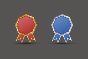 Flat illustration of gold and bronze medal suitable for design element of award medal, best prize badge, and winner symbol. Round Shape Badge with red and blue ribbons on a Dark Background. vector
