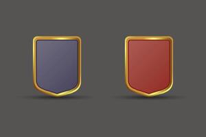 Blank shield with golden color. Luxury badge with blue and silver shield colors for advertisement. Realistic emblem of strong digital protection, and security screen to protect against weapons. vector