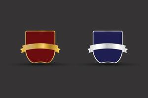 Blue metal shield for a label, seal, stamp, icon, logo, badge, symbol, sticker, security, and button. Premium Badge design with golden and silver shield ribbon on a dark background. vector