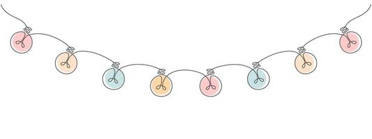 Continuous one line drawing of christmas garland with light bulbs. Holiday garland in simple linear style. Illustration vector