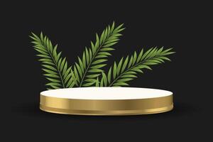 Gold podium with palm leaves. Empty space design luxury scene for product. 3d realistic illustration on a black background. vector