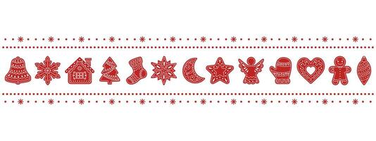 Christmas seamless border with gingerbread cookies in the form of different characters and holiday items. Red and white illustration. vector