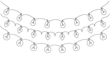 Continuous one line drawing of a set of garlands with light bulbs. Holiday garlands in simple linear style. vector
