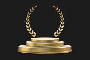 Golden podium with laurel wreath. Empty space design luxury stage for product. 3d realistic illustration on black background. vector