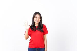 Smiling and showing counting finger, Five Finger Of Beautiful Asian Woman wearing red Isolated On White Background photo