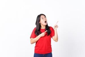 Presenting and Pointing aside with Wow or Shocked Face Expression Of Beautiful Asian Woman wearing red Isolated On White Background photo