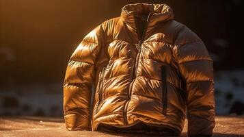 Winter jacket on the snow on the background of the setting sun. photo