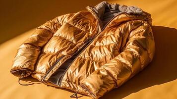Yellow down jacket on a yellow background. Close-up view. photo