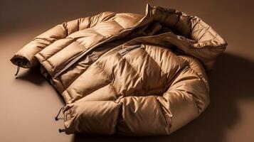 Close-up of a beige down jacket on a brown background photo