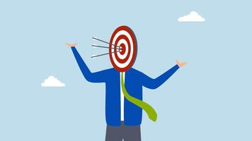 Marketing target audience for advertising, 4k animation of Entrepreneur aims at the archery target center and successfully strikes the bullseye with three arrows. video