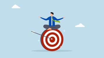 Stay focused and concentrate on business objective, 4k animation of calm entrepreneur contemplates while seated and concentrating on large archery bullsey video