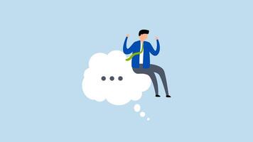 Think of solution, 4k animation of considerate businessman perched like a philosopher on a contemplation cloud. video