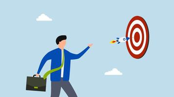 Startup success target, 4k animation of businessman introduces novel rocket to strike target dartboard bullseye. video