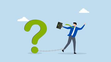 Struggle with unanswered question, 4k animation of exasperated businessman weighed down by a massive question mark burden. video