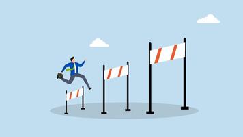 Business challenge, 4k animation of determined businessman leaps over challenges to discover greater obstacles. video