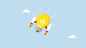 Boost creative idea, 4k animation of bright lightbulb idea with rocket booster flying fast into the sky. video