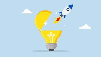 Innovation to launch new idea, 4k animation of creative rocket launch soaring high from the bright illumination of a brilliant idea. video