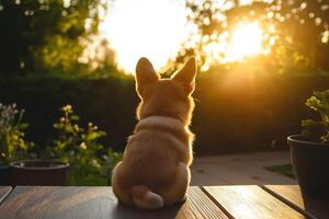 Corgi puppy sitting on wooden deck at sunset photo