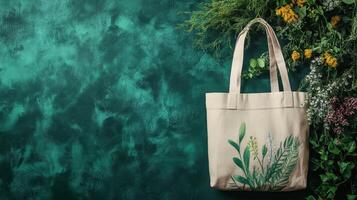 Eco friendly cotton tote bag with botanical print photo