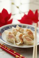 Close up of golden pan fried dumplings photo