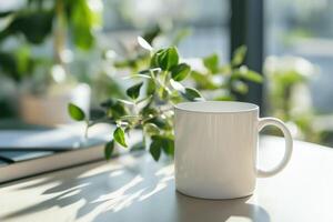 White mug placed on sunlit table photo