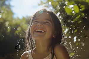 Joyful child laughing under sunlight with drops photo