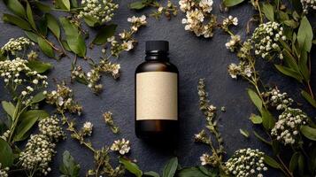 Amber glass bottle with blank label and fresh herb photo