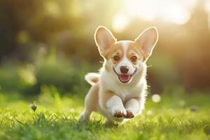 Happy corgi puppy running on a green grass photo