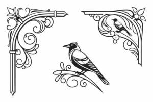 a set of ornate decorative elements, including a bird and a bird feeder vector
