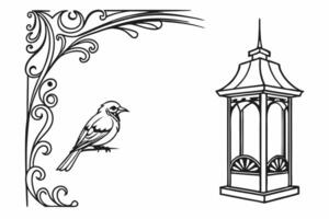 a bird and a lantern are shown in a black and white drawing vector
