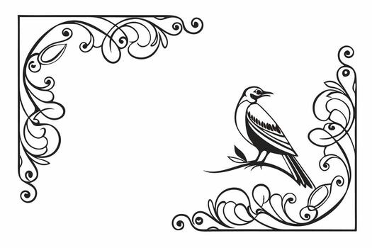 bird on a branch in a frame with ornate swirls vector