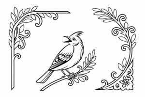 a bird sitting on a branch in a frame with leaves vector