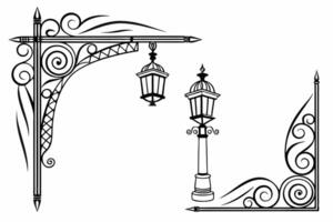 a set of decorative elements, including a lamp post and a lantern vector