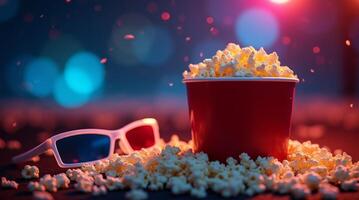 Red bucket of popcorn with 3D glasses on a table in colorful cinematic lighting. Movie night and cinema concept photo